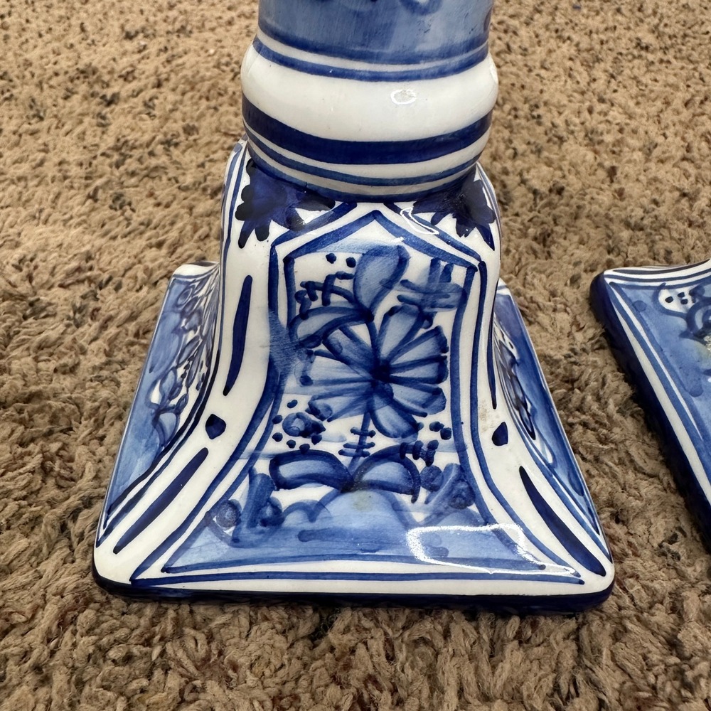 Blue and White Chinoiserie Ceramic Candlestick Holders Set of 2 Floral Pottery - Picture 2 of 3